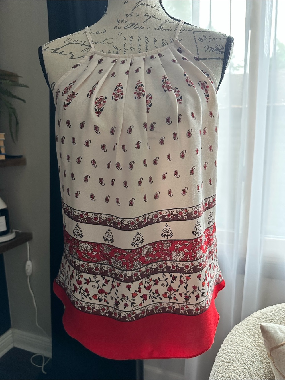 Allison Joy XS Paisley Floral Halter Tank Top Boho Cream Red Made USA